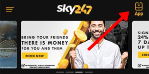 Sky247 website with "App" button.