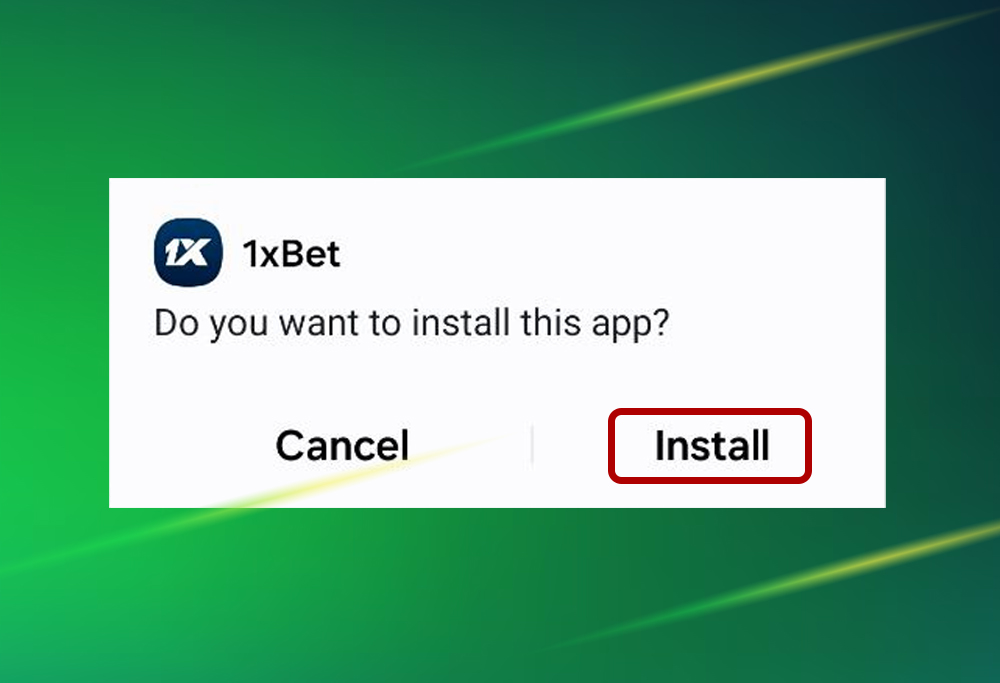 1xBet APK installation screen with 'Install' button.