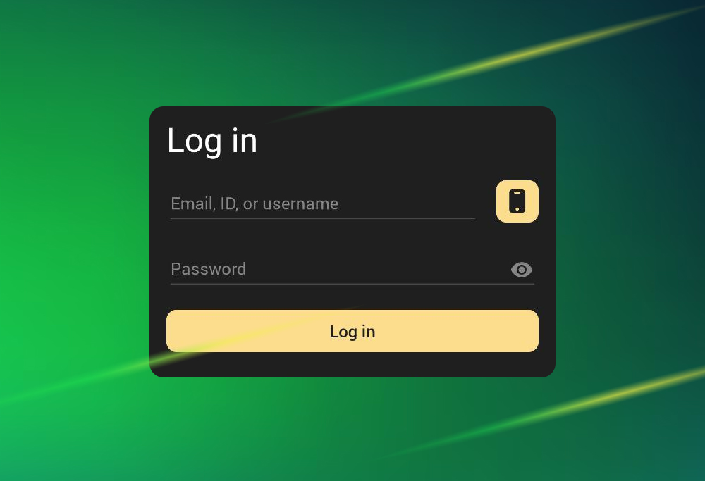 1xSlots login screen with fields for Email, ID or username, Password, and a Log in button