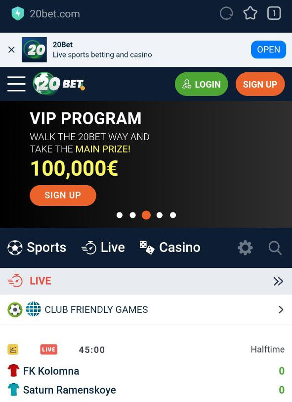 Main screen of the 20bet mobile site.