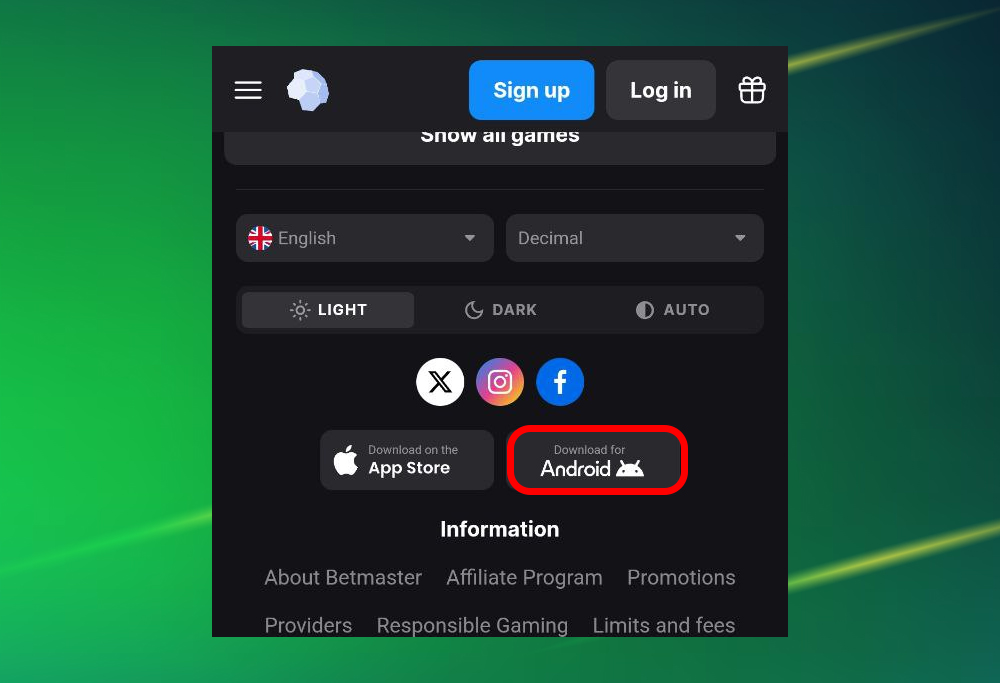 Betmaster APK download step 2 with the 'Download for Android' button.