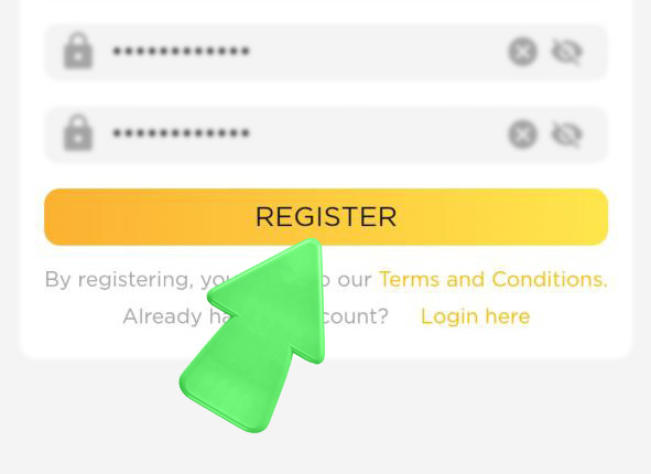 96in app – step 5 of registration. Tap the 'Register' button to complete sign-up.