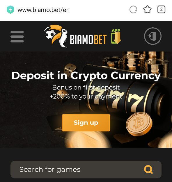 Home screen of the Biamobet mobile application.