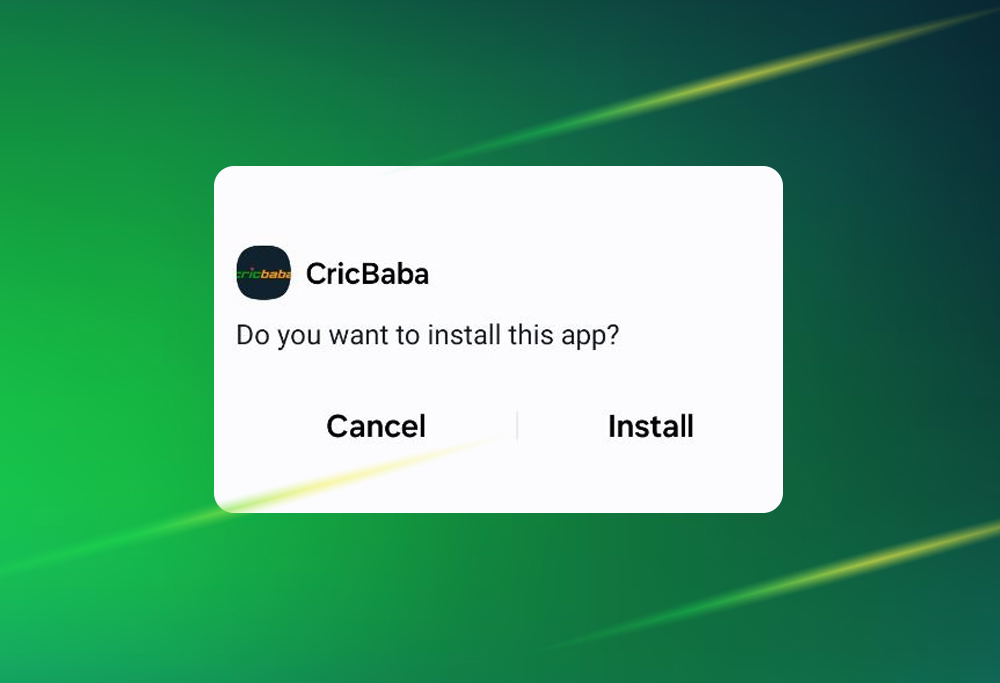 Step 3 of installing the Cricbaba app on Android shows the "Install" button