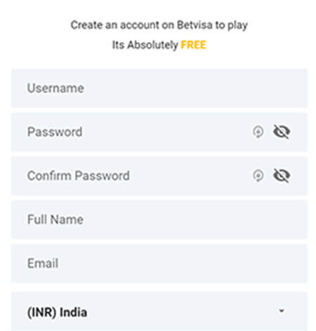 Create an account on Bet Visa to play, by filling in the fields for Username, Password, Confirm Password, Full Name, and Email.