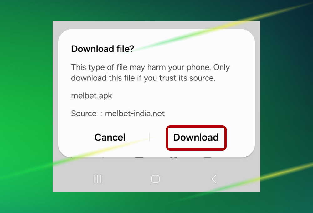 Step 3 of Melbet app download on Android showing confirmation with Download button