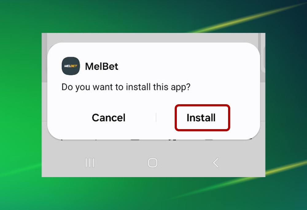 Step 5 of the Melbet app installation on Android, showing the 'Install' button.