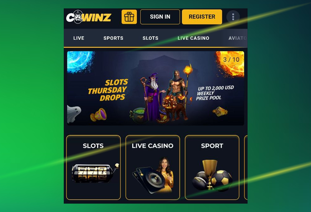 Home page of the Cwinz mobile site