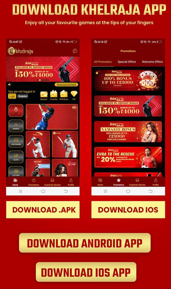 Khelraja mobile app download screen with 'Download Android App' and 'Download iOS App' buttons.